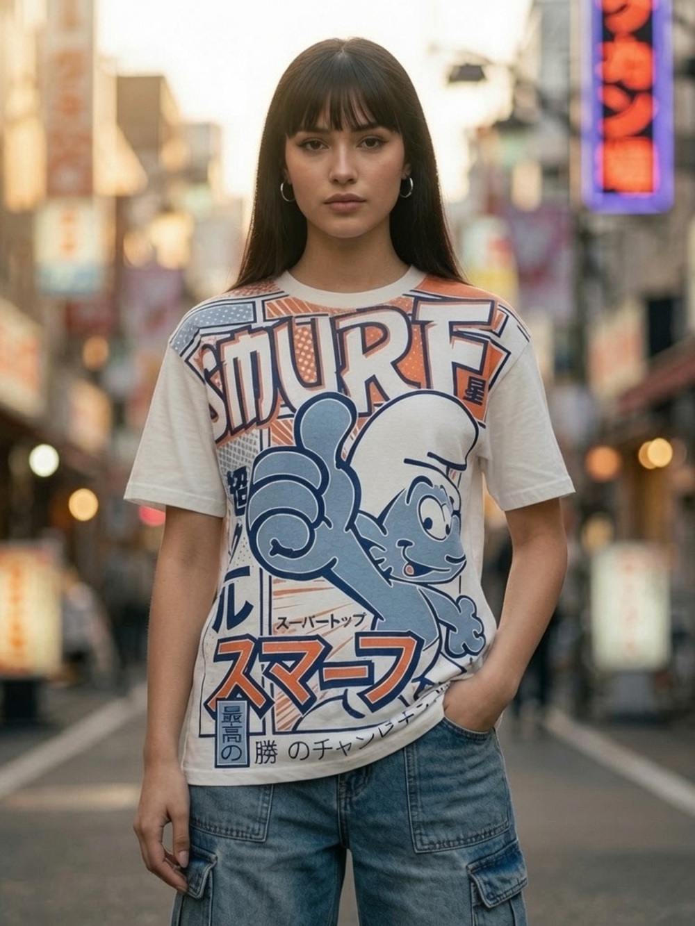 Graphic Smurf Print Tee in White & Blue unisex
